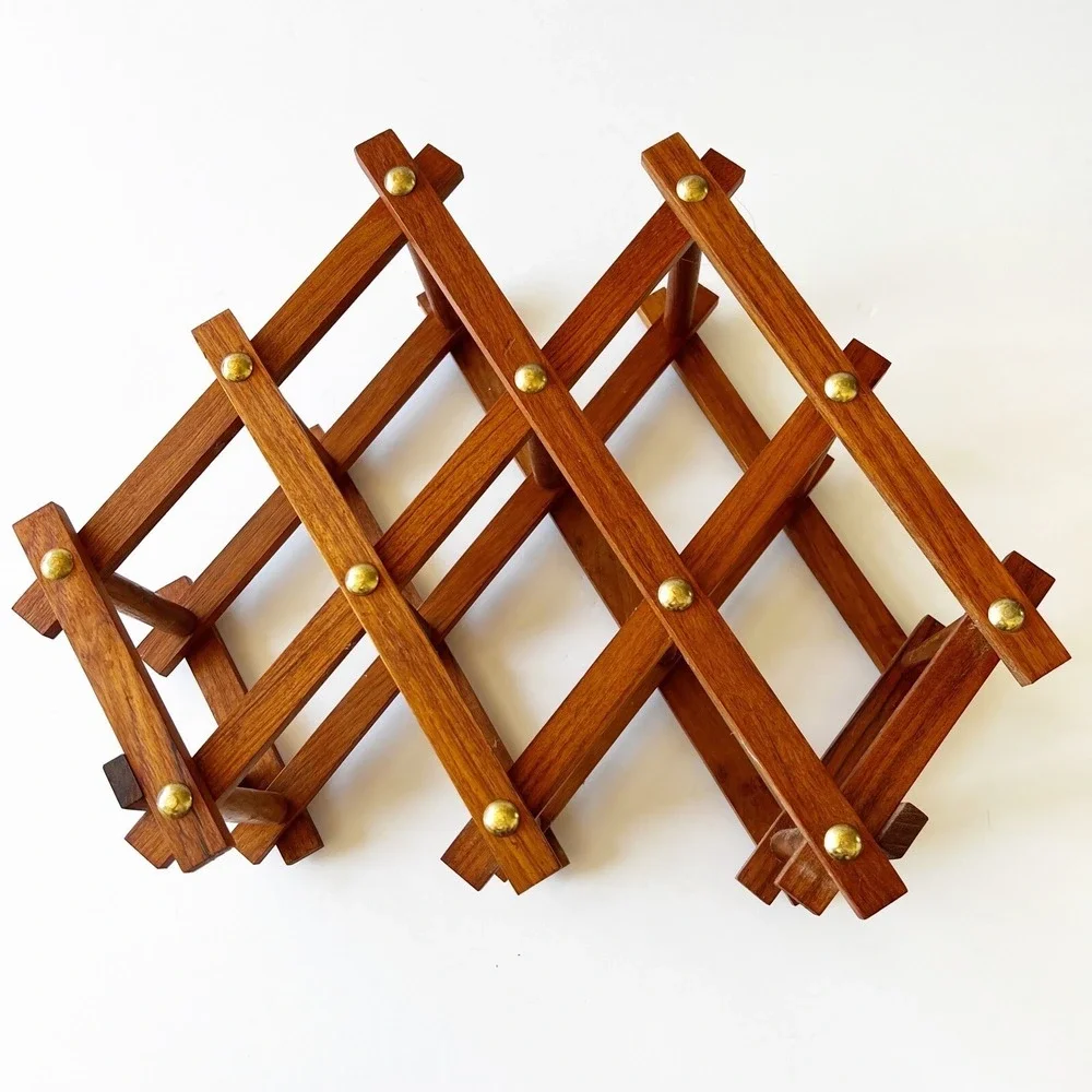 Vtg Mid Century Folding Accordion Solid Teak Wood Wine Rack Thailand 5 Bottles